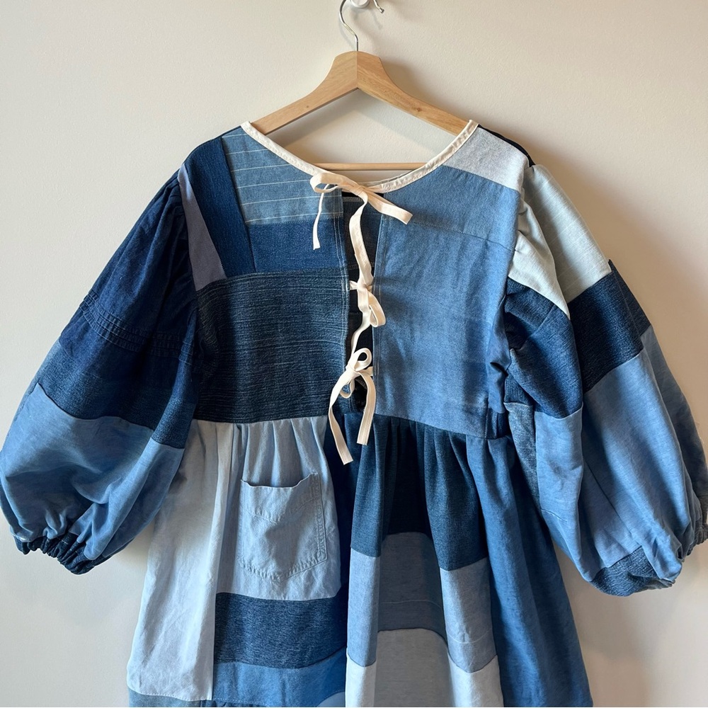 Handmade Denim Patchwork Quilted Puff Sleeves Cottage Dress SKU 04117 - Picture 11 of 16